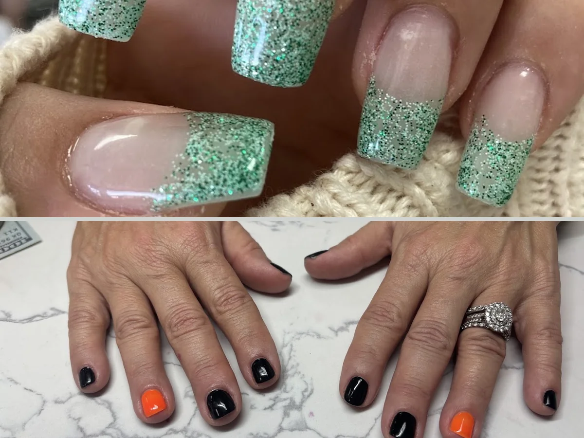 Nail technician shaping acrylic nails at a salon table.
